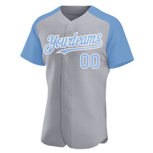 Load image into Gallery viewer, Custom Gray Light Blue-White Authentic Raglan Sleeves Baseball Jersey
