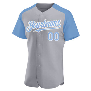 Custom Gray Light Blue-White Authentic Raglan Sleeves Baseball Jersey