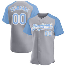 Load image into Gallery viewer, Custom Gray Light Blue-White Authentic Raglan Sleeves Baseball Jersey
