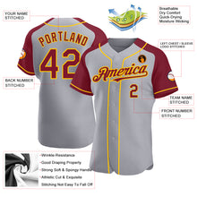 Load image into Gallery viewer, Custom Gray Crimson-Yellow Authentic Raglan Sleeves Baseball Jersey
