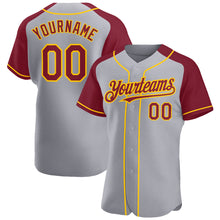 Load image into Gallery viewer, Custom Gray Crimson-Yellow Authentic Raglan Sleeves Baseball Jersey
