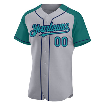 Custom Gray Teal-Navy Authentic Raglan Sleeves Baseball Jersey