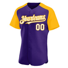 Load image into Gallery viewer, Custom Purple White-Gold Authentic Raglan Sleeves Baseball Jersey
