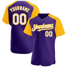 Load image into Gallery viewer, Custom Purple White-Gold Authentic Raglan Sleeves Baseball Jersey
