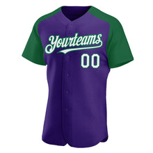 Load image into Gallery viewer, Custom Purple White-Kelly Green Authentic Raglan Sleeves Baseball Jersey
