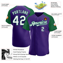 Load image into Gallery viewer, Custom Purple White-Kelly Green Authentic Raglan Sleeves Baseball Jersey
