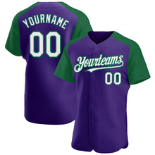 Load image into Gallery viewer, Custom Purple White-Kelly Green Authentic Raglan Sleeves Baseball Jersey
