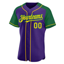 Load image into Gallery viewer, Custom Purple Yellow-Kelly Green Authentic Raglan Sleeves Baseball Jersey
