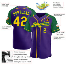 Load image into Gallery viewer, Custom Purple Yellow-Kelly Green Authentic Raglan Sleeves Baseball Jersey
