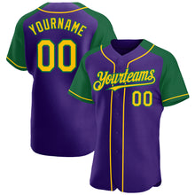 Load image into Gallery viewer, Custom Purple Yellow-Kelly Green Authentic Raglan Sleeves Baseball Jersey
