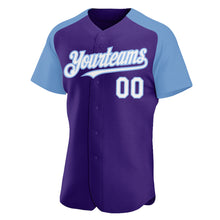 Load image into Gallery viewer, Custom Purple White-Light Blue Authentic Raglan Sleeves Baseball Jersey
