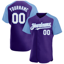 Load image into Gallery viewer, Custom Purple White-Light Blue Authentic Raglan Sleeves Baseball Jersey
