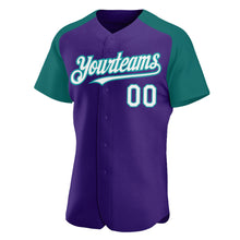 Load image into Gallery viewer, Custom Purple White-Teal Authentic Raglan Sleeves Baseball Jersey
