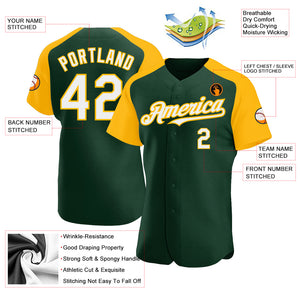 Custom Green White-Gold Authentic Raglan Sleeves Baseball Jersey