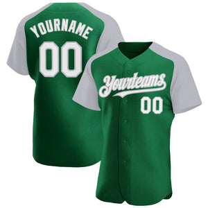 Custom Kelly Green White-Gray Authentic Raglan Sleeves Baseball Jersey