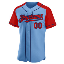 Load image into Gallery viewer, Custom Light Blue Red-Navy Authentic Raglan Sleeves Baseball Jersey
