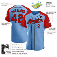 Load image into Gallery viewer, Custom Light Blue Red-Black Authentic Raglan Sleeves Baseball Jersey
