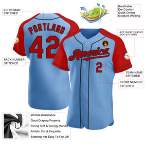 Custom Light Blue Red-Black Authentic Raglan Sleeves Baseball Jersey