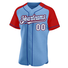 Load image into Gallery viewer, Custom Light Blue White Red-Royal Authentic Raglan Sleeves Baseball Jersey
