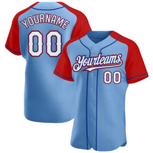 Load image into Gallery viewer, Custom Light Blue White Red-Royal Authentic Raglan Sleeves Baseball Jersey
