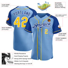 Load image into Gallery viewer, Custom Light Blue Yellow-Royal Authentic Raglan Sleeves Baseball Jersey
