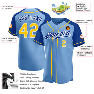 Custom Light Blue Yellow-Royal Authentic Raglan Sleeves Baseball Jersey