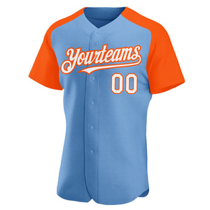 Custom Light Blue White-Orange Authentic Raglan Sleeves Baseball Jersey