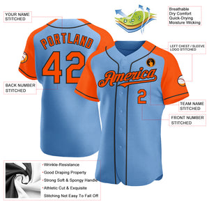 Custom Light Blue Orange-Black Authentic Raglan Sleeves Baseball Jersey