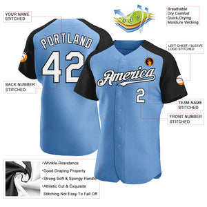 Custom Light Blue White-Black Authentic Raglan Sleeves Baseball Jersey