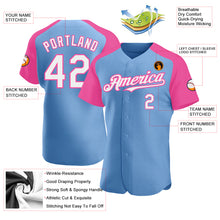 Load image into Gallery viewer, Custom Light Blue White-Pink Authentic Raglan Sleeves Baseball Jersey
