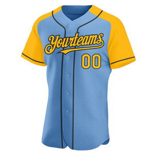 Custom Light Blue Gold-Black Authentic Raglan Sleeves Baseball Jersey