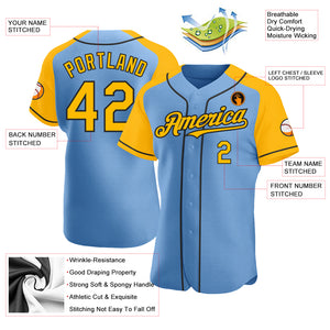 Custom Light Blue Gold-Black Authentic Raglan Sleeves Baseball Jersey