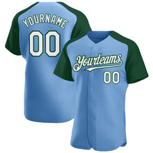 Load image into Gallery viewer, Custom Light Blue White-Green Authentic Raglan Sleeves Baseball Jersey
