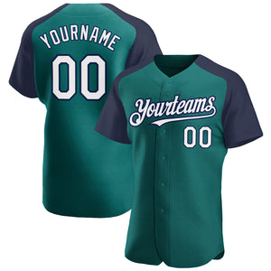 Custom Teal White-Navy Authentic Raglan Sleeves Baseball Jersey