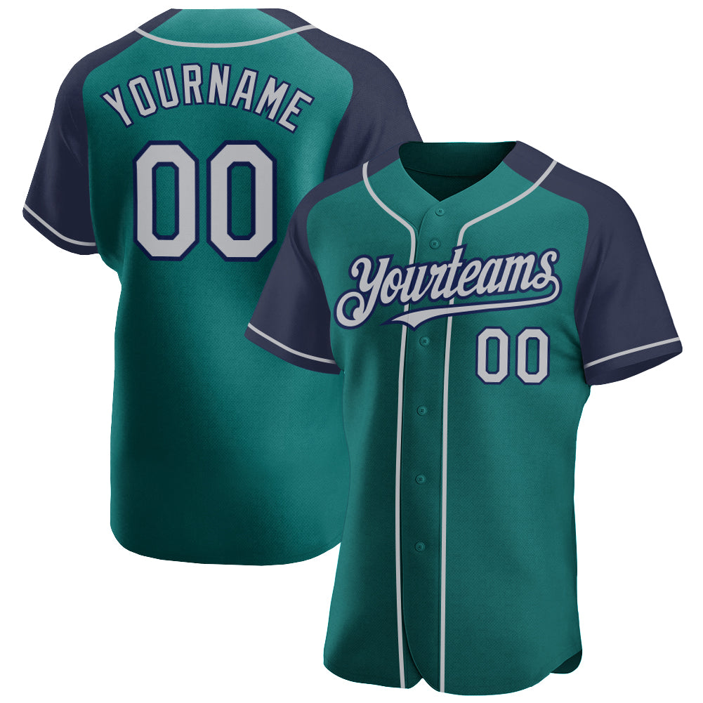 Custom Teal Gray-Navy Authentic Raglan Sleeves Baseball Jersey