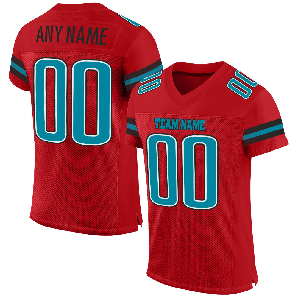 Custom Red Teal-Black Mesh Authentic Football Jersey