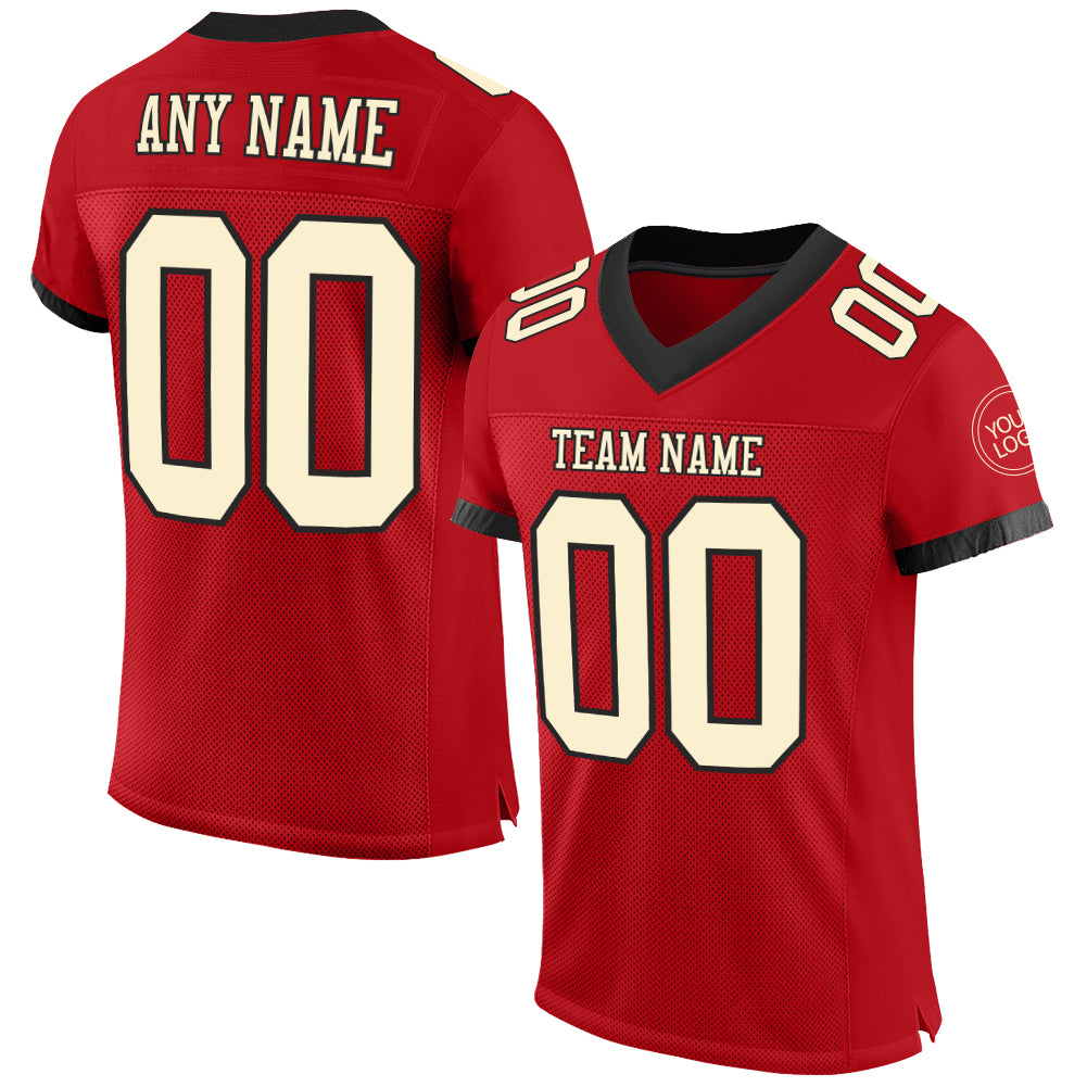 Custom Red Cream-Black Mesh Authentic Football Jersey