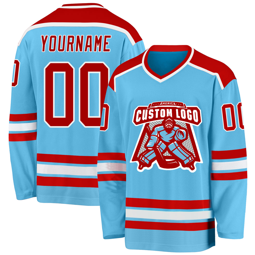 Custom Sky Blue Red-White Hockey Jersey