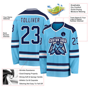 Custom Sky Blue Navy-White Hockey Jersey