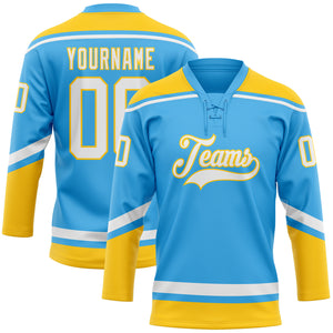 Custom Sky Blue White-Yellow Hockey Lace Neck Jersey