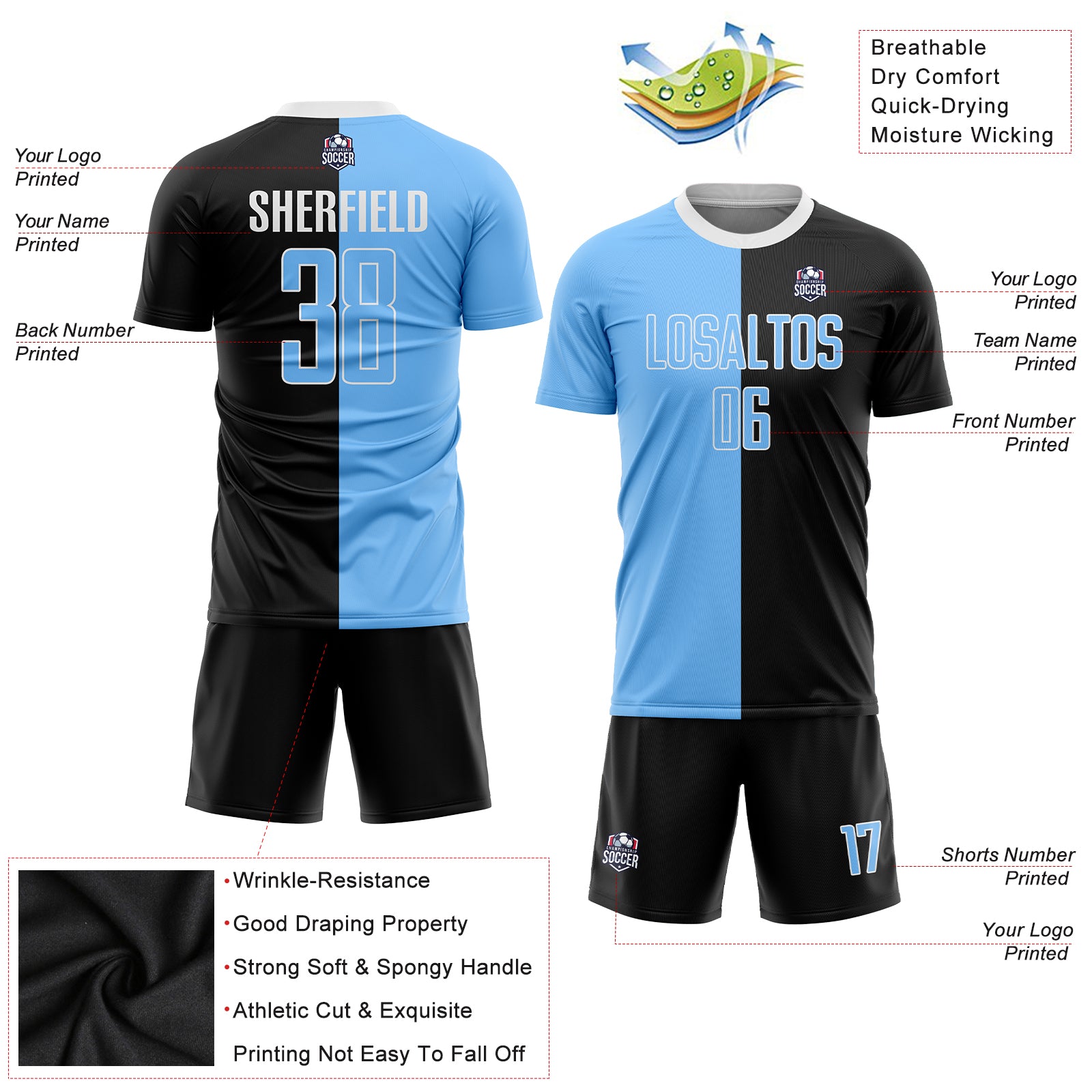 Custom Black Light Blue-White Sublimation Split Fashion Soccer Uniform  Jersey Fast Shipping – FiitgCustom