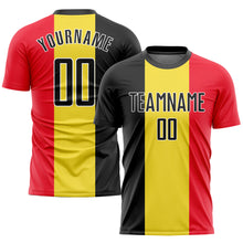 Load image into Gallery viewer, Custom Gold Black Red-White Sublimation Belgian Flag Soccer Uniform Jersey
