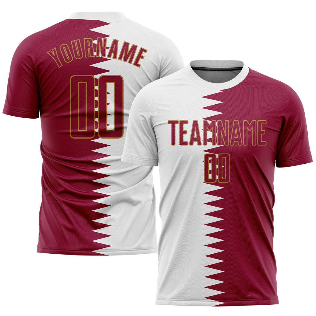 Custom White Crimson-Old Gold Sublimation Qatari Flag Soccer Uniform Jersey