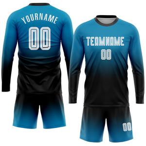 Custom Panther Blue White-Black Sublimation Long Sleeve Fade Fashion Soccer Uniform Jersey