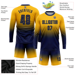 Custom Gold Navy Sublimation Long Sleeve Fade Fashion Soccer Uniform Jersey