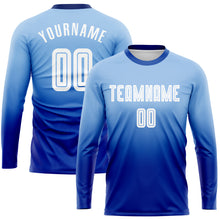 Load image into Gallery viewer, Custom Light Blue White-Royal Sublimation Long Sleeve Fade Fashion Soccer Uniform Jersey
