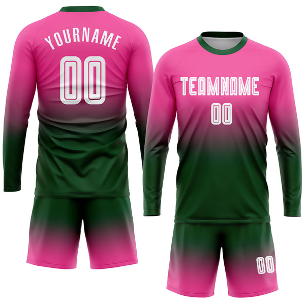 Custom Pink White-Green Sublimation Long Sleeve Fade Fashion Soccer Uniform  Jersey Fast Shipping – FiitgCustom