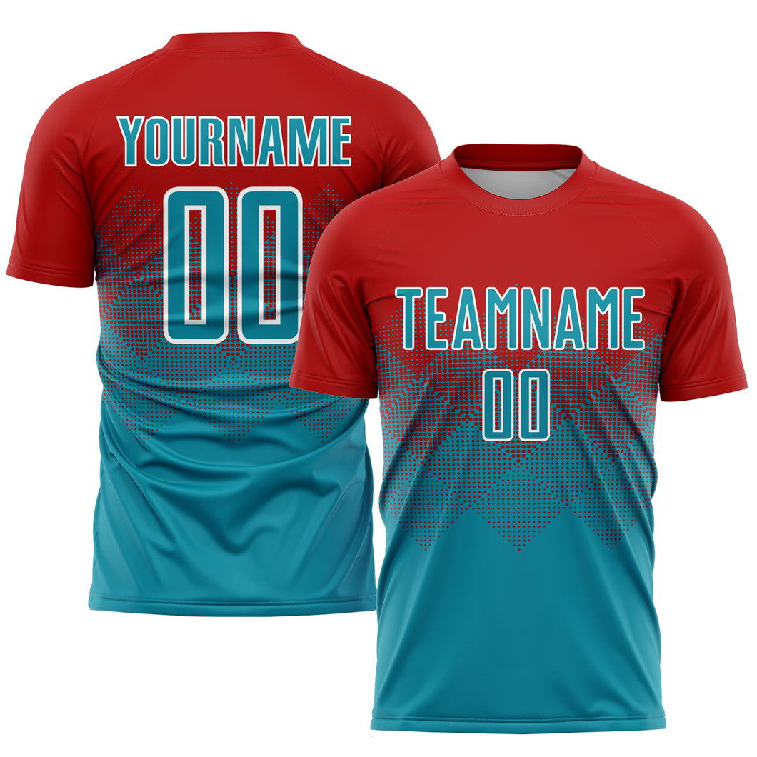 Custom Red Teal-White Sublimation Soccer Uniform Jersey