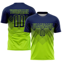 Load image into Gallery viewer, Custom Neon Green Navy Sublimation Soccer Uniform Jersey
