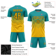 Load image into Gallery viewer, Custom Teal Gold-Black Sublimation Soccer Uniform Jersey
